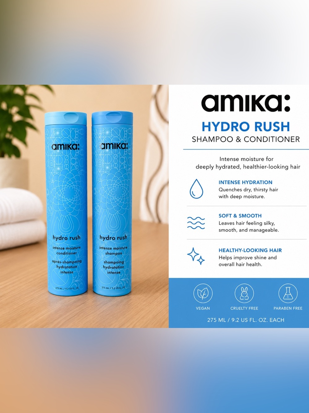 amika Hydro Rush Intense Moisture Shampoo - Blue